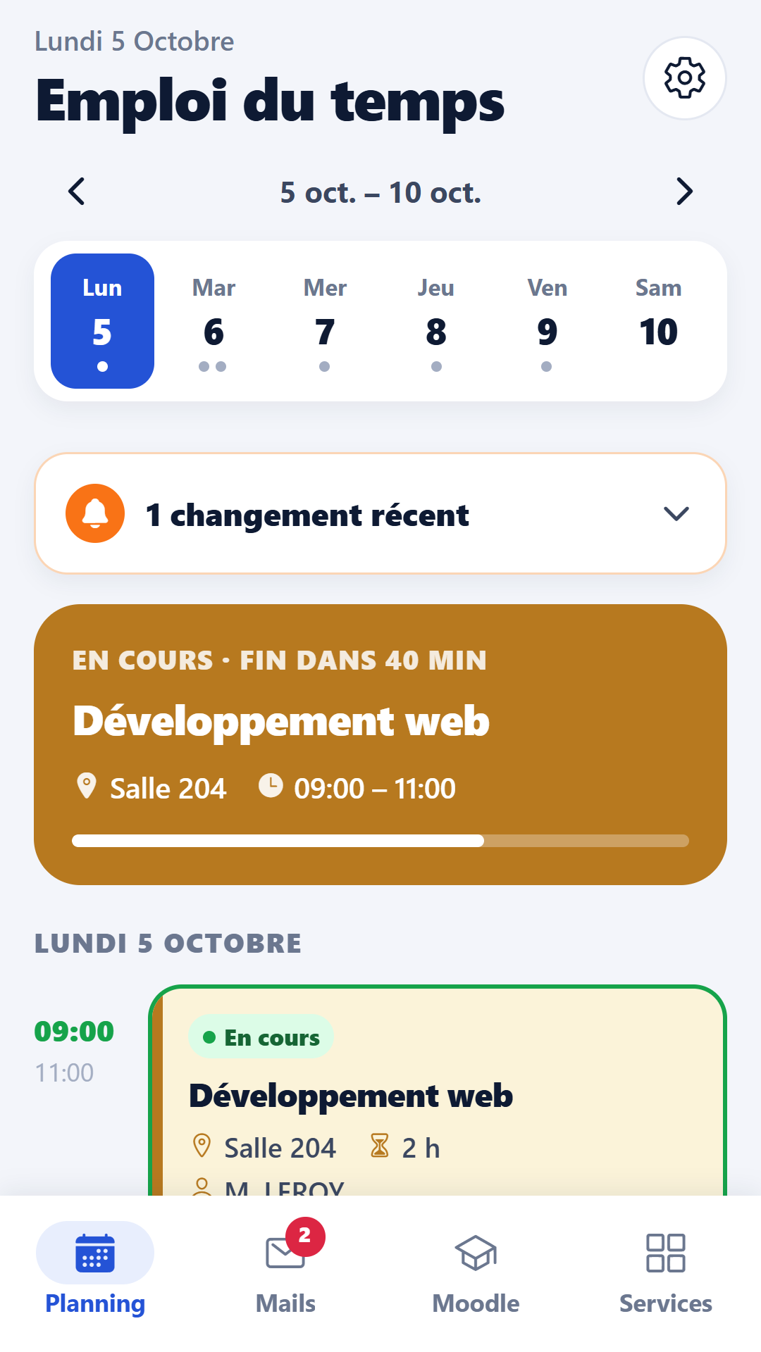 Écran Emploi du temps d'IUT Pilot : cours en cours, prochains cours et changement de salle signalé